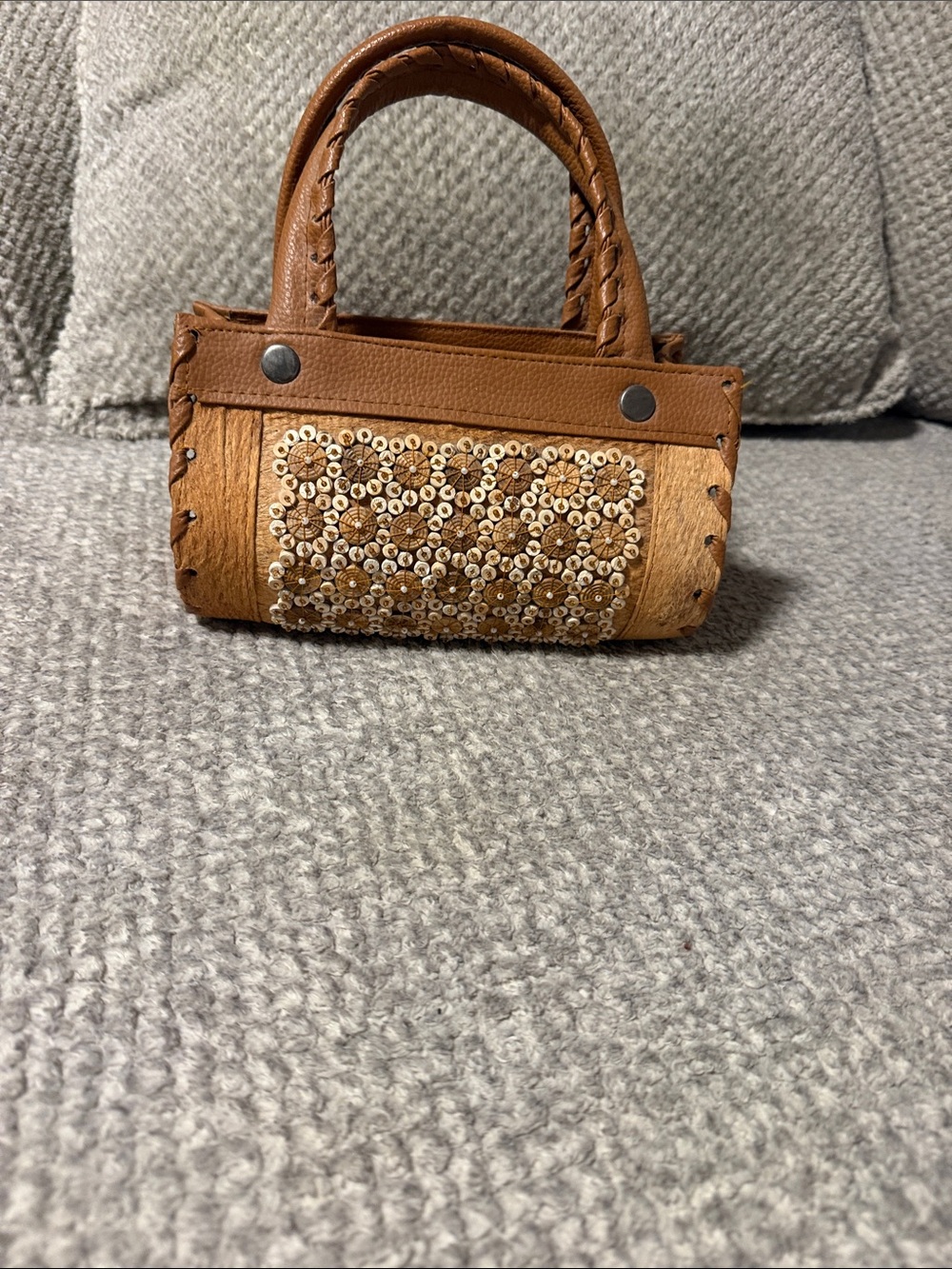 Handcrafted Brown Beaded Mini Tote Bag